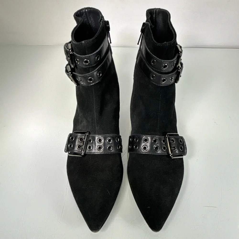 Napoleoni Black Suede Pointed Toe Adjustable Strap Detail Ankle Boots Size 37 - Picture 3 of 11